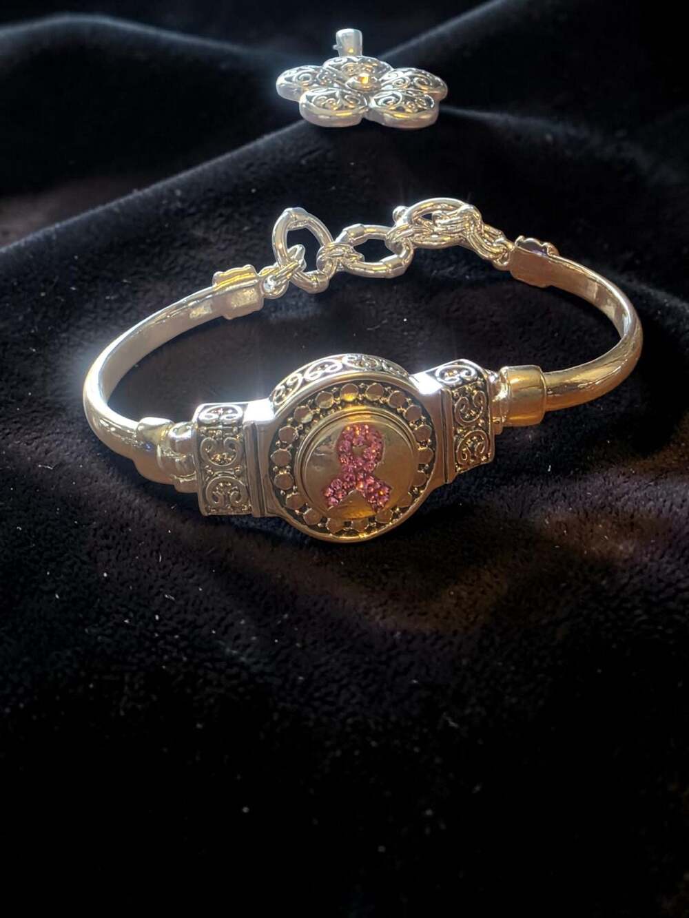 Interchangeable Snap Bracelet with Pink Ribbon Crystal Charm